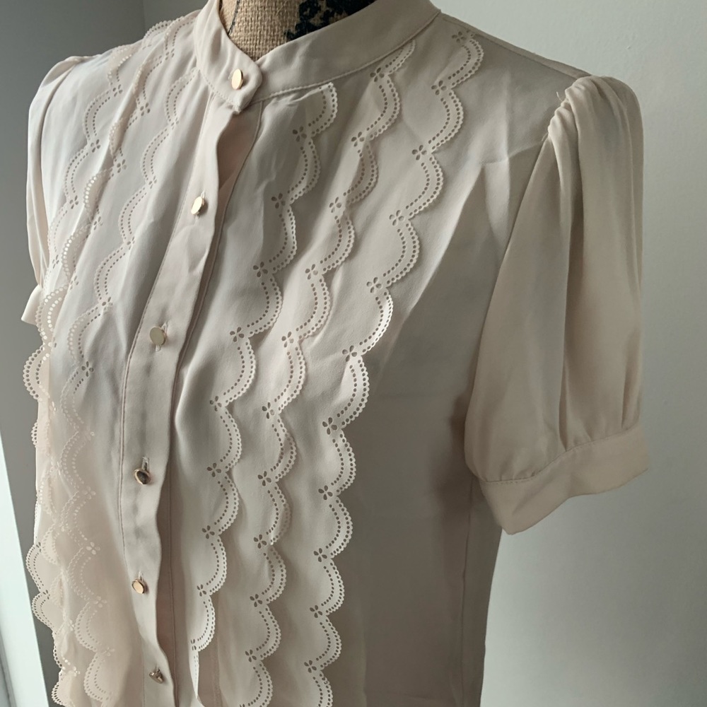 Pink Martini ruffle blouse with rose gold buttons